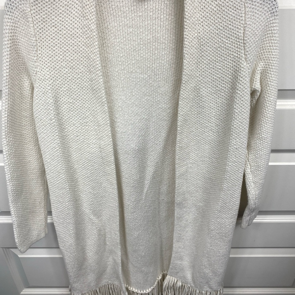 Chico's Travelers Knitted Cardigan Duster Open Fringe Sz 1 (M) White Long Sleeve - Picture 8 of 8